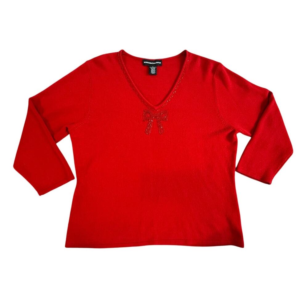 Vintage Norton McNaughton Red Sweater Beaded Bow Holiday Coquette Christmas